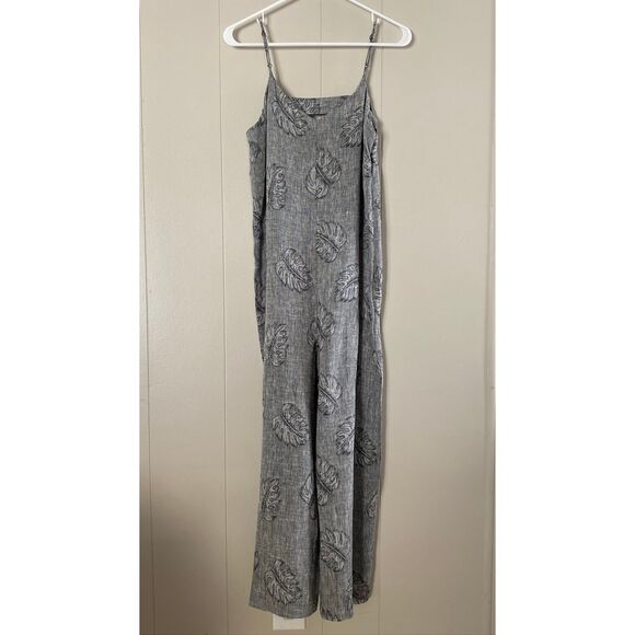 Corey Lynn Calter Jumpsuit Small • Gray Botanical Leaf Print • Wide Leg Linen Bl - Picture 1 of 10